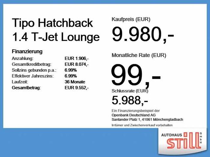 Fiat Tipo Hatchback 1.4 T-Jet Lounge Navi+SHZ+Kam.+LM