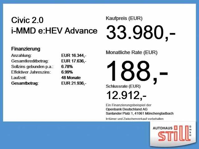 Honda Civic 2.0 i-MMD e:HEV Advance ACC+LED+Navi+Pano