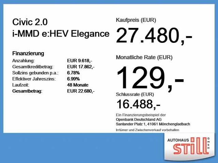 Honda Civic 2.0 i-MMD e: HEV Elegance ACC+LED+Navi+SHZ